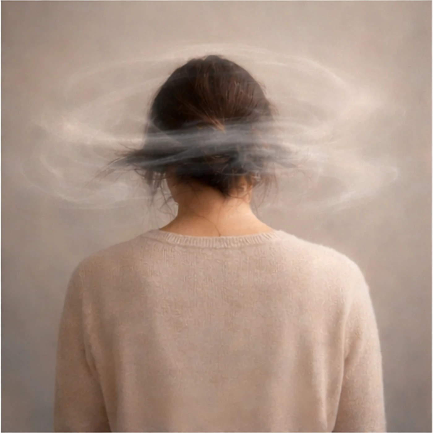 Femme de dos avec mouvement flou autour de la tête, illustration de l’anxiété, du mental agité et de la surcharge émotionnelle