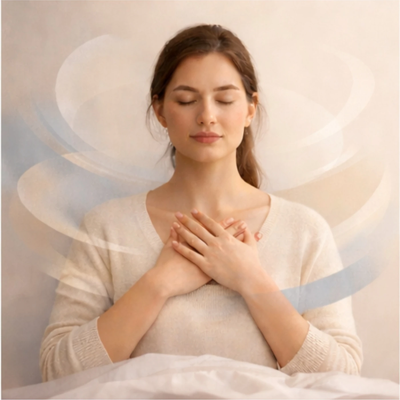 Femme apaisée, les mains sur le cœur, illustration de l’accueil des émotions et du retour à l’équilibre intérieur