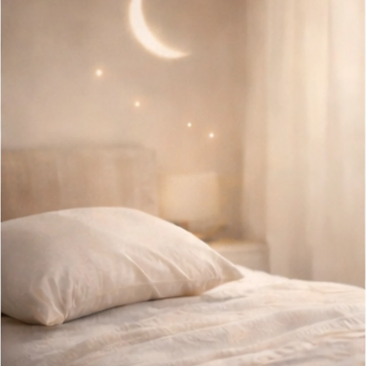 Lit dans une chambre douce et apaisante sous une lumière tamisée, évocation d’un sommeil réparateur et d’un apaisement profond