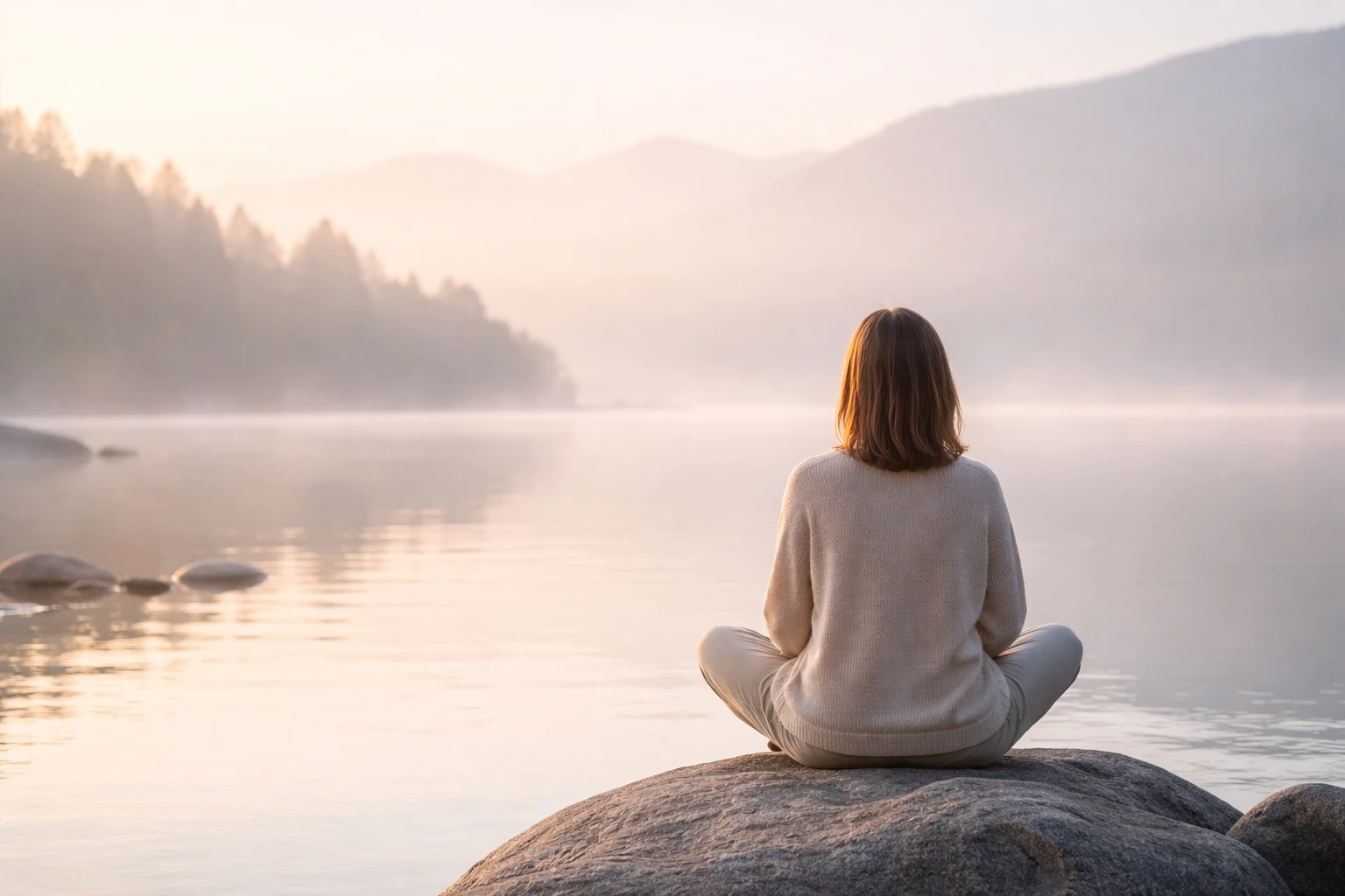 Femme assise face à un lac calme dans une atmosphère apaisante
