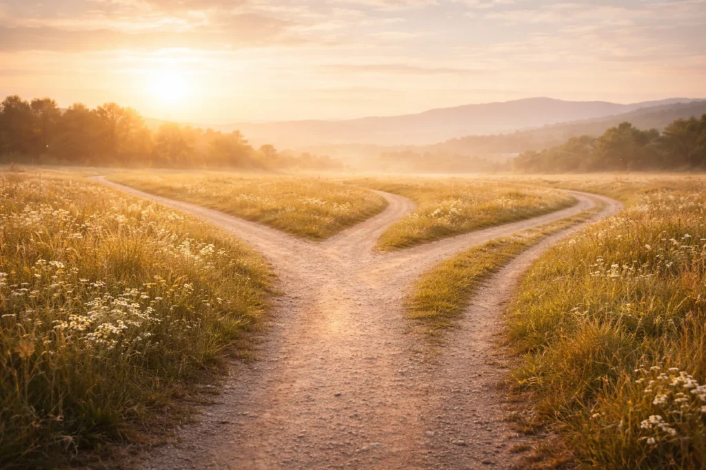 Chemins lumineux dans une prairie au lever du jour, évoquant l’exploration de plusieurs voies pour retrouver un équilibre intérieur