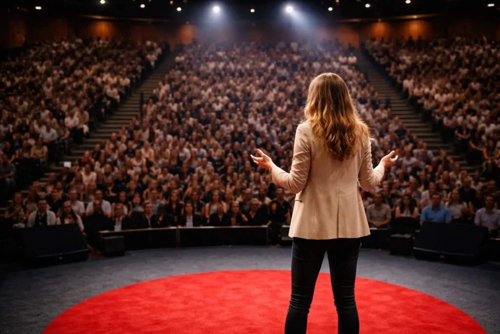 Femme prenant la parole sur scène devant un large public, symbole de confiance en soi et de juste place