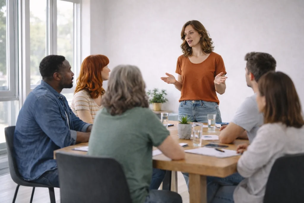 Femme s’exprimant avec assurance devant un groupe, illustration de la confiance en soi et de sa juste place