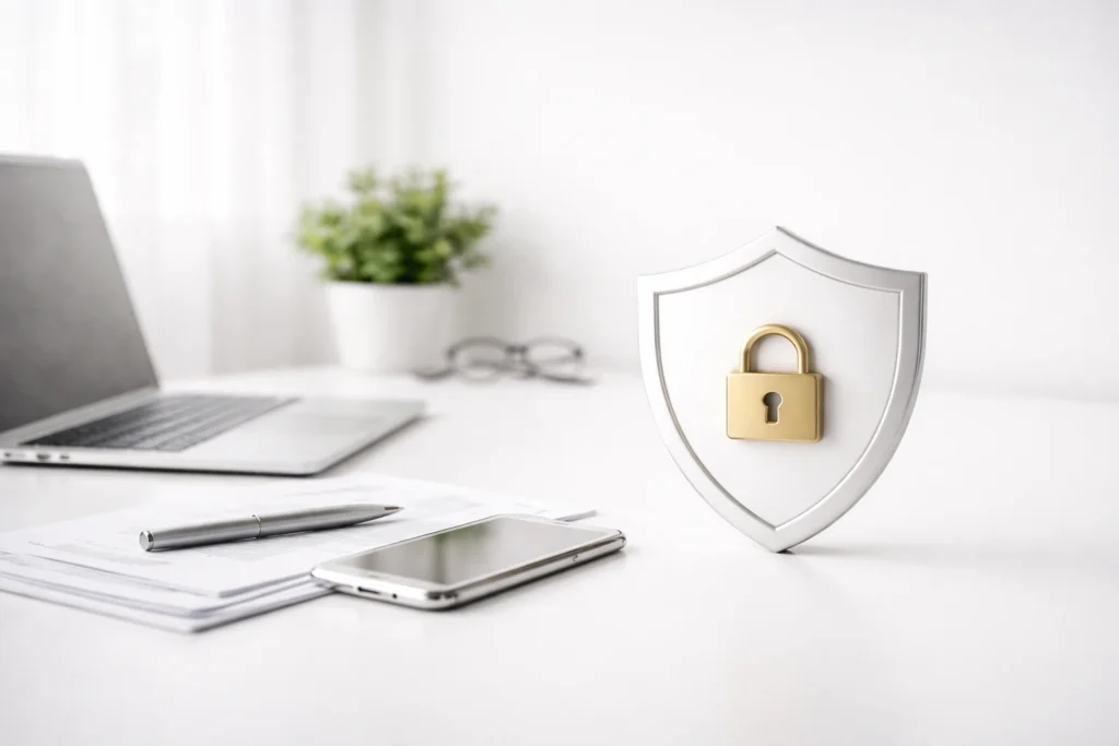 Bouclier avec cadenas sur un bureau, illustration de la confidentialité, de la protection des données et de la sécurité des informations personnelles