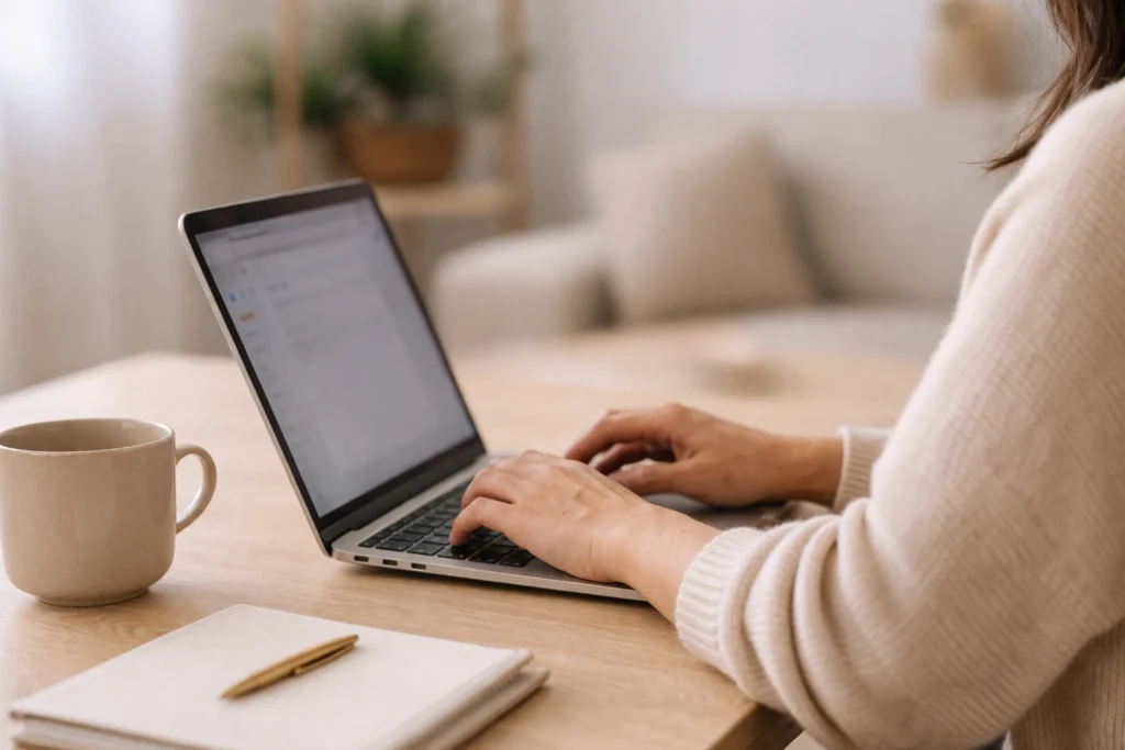 Personne utilisant un ordinateur pour contacter le cabinet et prendre rendez-vous en ligne