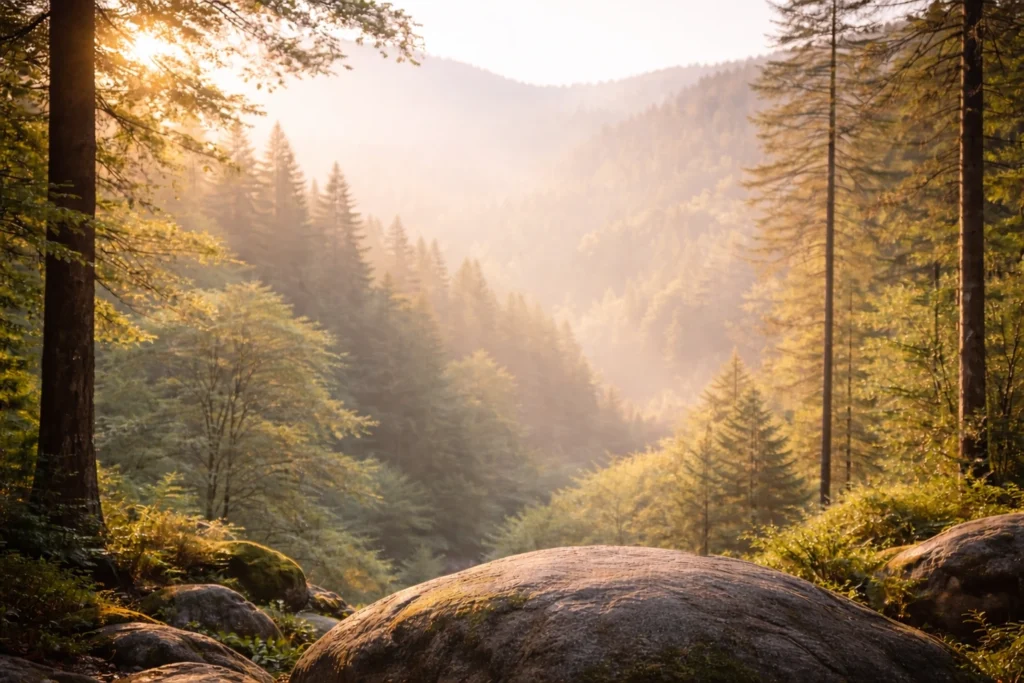 Paysage de forêt baigné de lumière douce évoquant l’équilibre intérieur et l’apaisement émotionnel