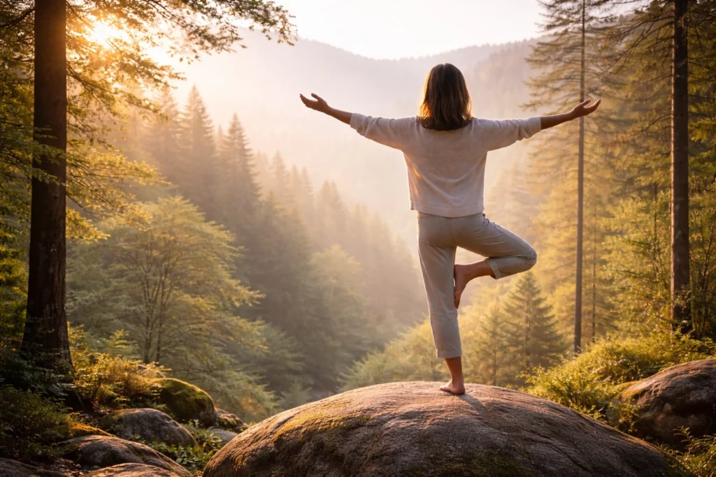 Femme en équilibre sur un rocher au cœur de la forêt, symbole d’apaisement et d’harmonie intérieure