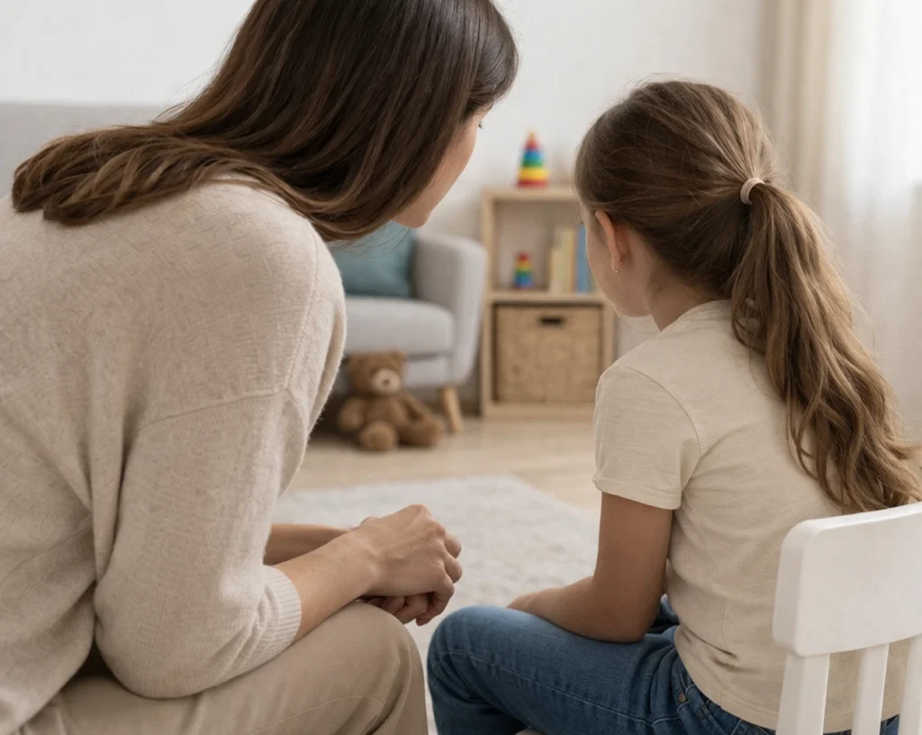 Illustration d’une séance d’hypnose avec une enfant dans un espace de jeu, cadre ludique, rassurant et propice à l’accompagnement