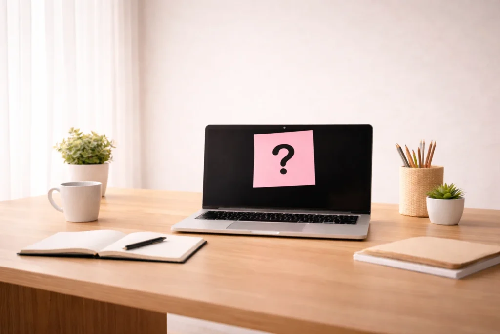 Ordinateur portable avec point d’interrogation sur un bureau, illustration de la FAQ et des questions fréquentes sur les séances d’hypnose et d’accompagnement thérapeutique