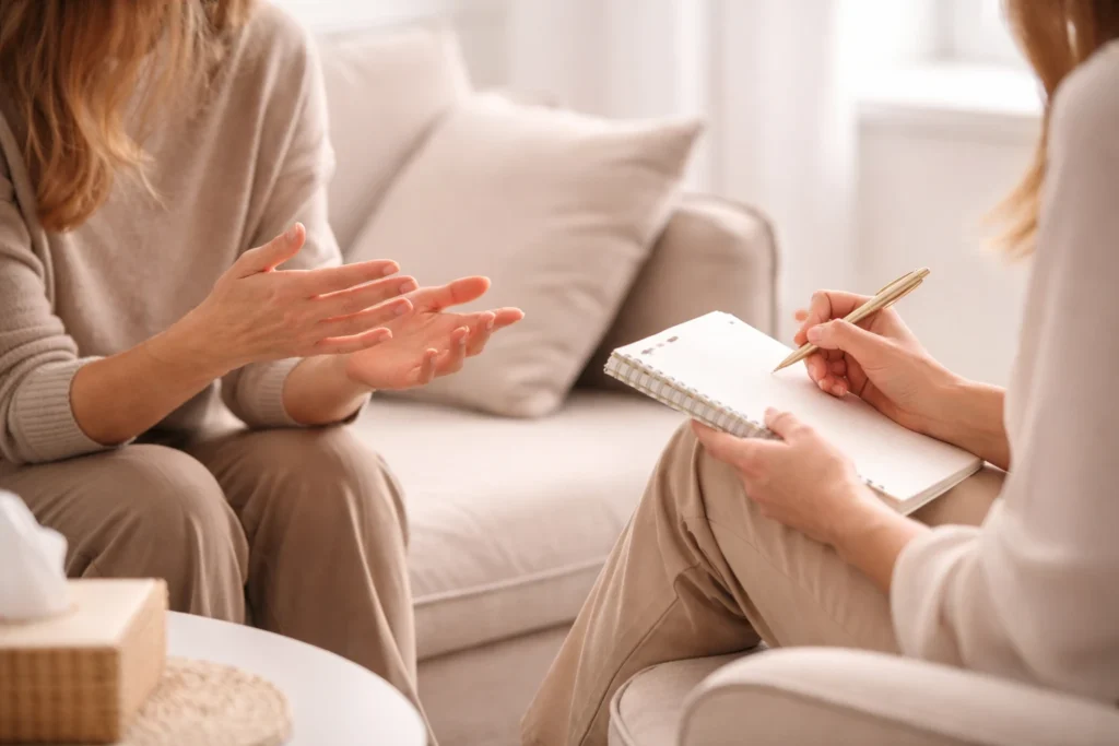 Illustration d’un entretien avant une séance d’hypnose, dans un cadre d’écoute et d’accompagnement bienveillant