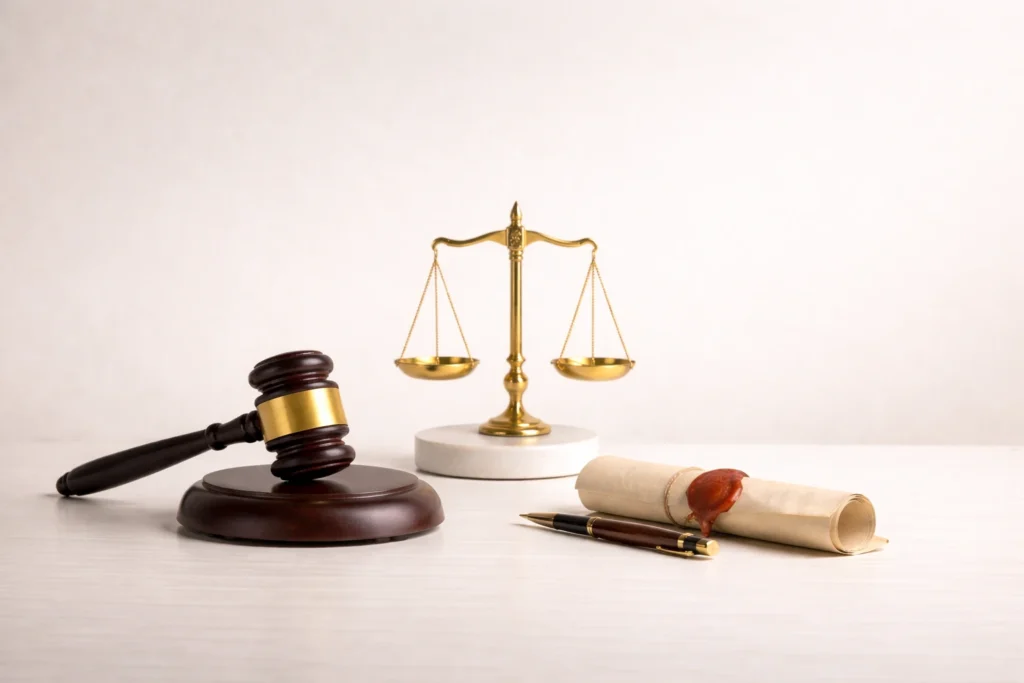 Marteau de justice, balance et document officiel, illustration des mentions légales et du cadre juridique du site