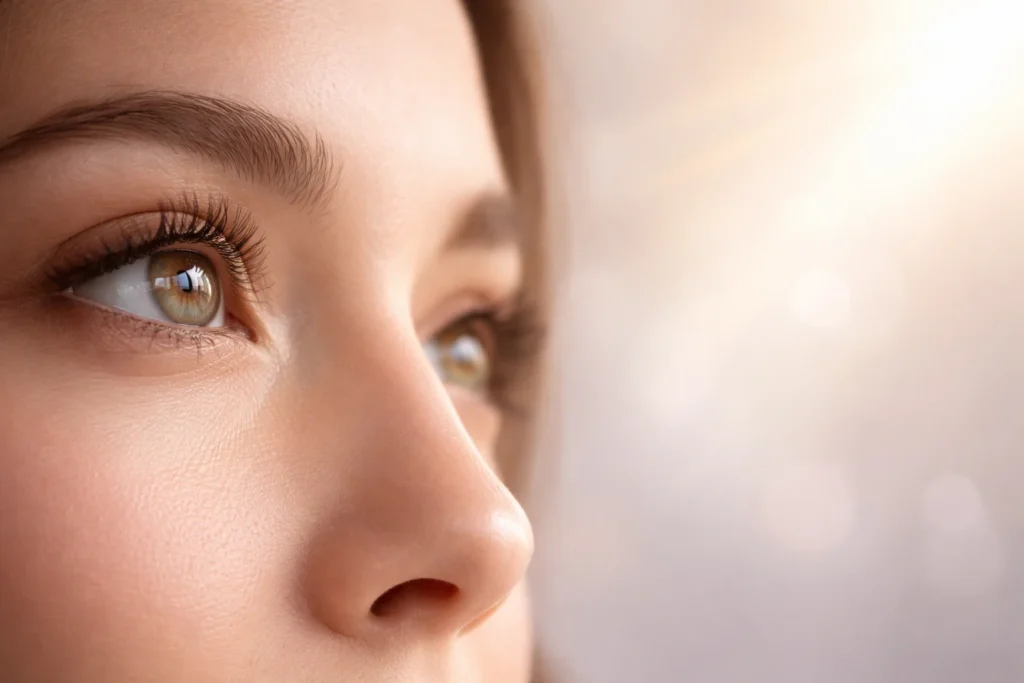 Gros plan sur un regard féminin tourné vers la lumière, symbole de libération intérieure et d’ouverture vers un avenir plus apaisé