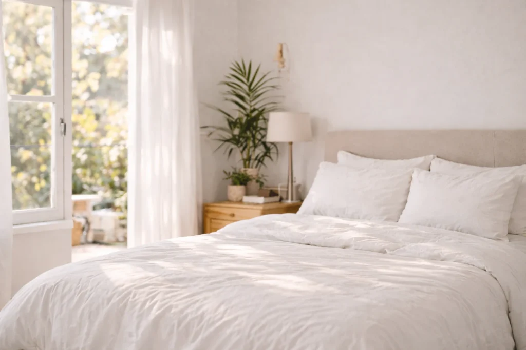 Chambre lumineuse et apaisante évoquant un sommeil réparateur et le retour de l’énergie