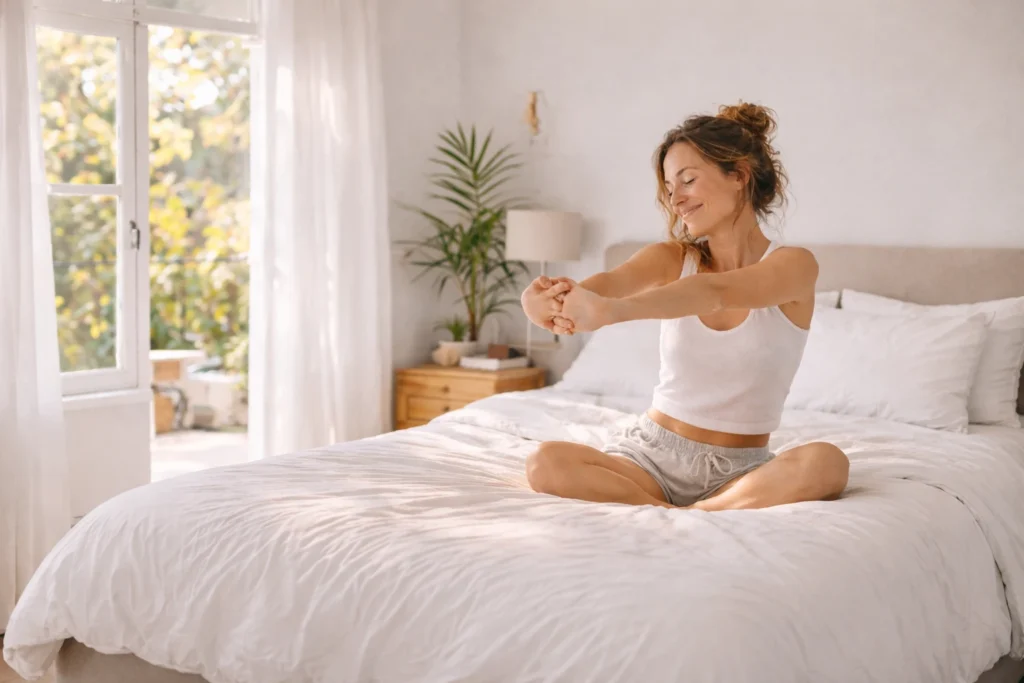 Femme s’étirant au réveil dans une chambre lumineuse, symbole de regain d’énergie et de bien-être