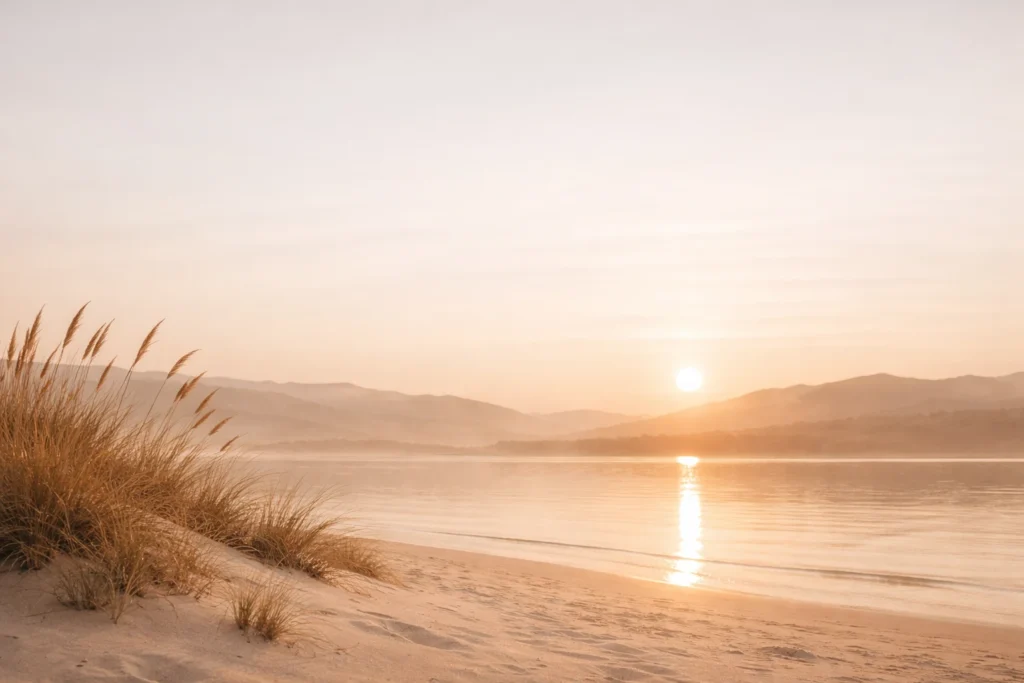 Plage paisible au lever du soleil, évoquant l’apaisement et le recentrage