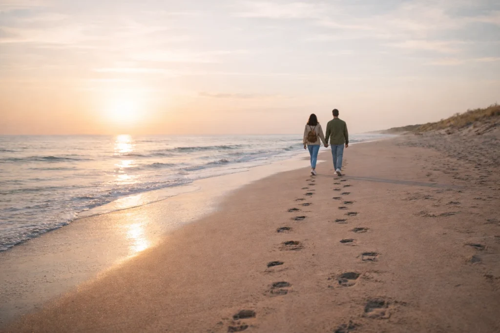 Couple marchant main dans la main sur la plage au lever du soleil, symbole de confiance retrouvée en l’autre, en la vie et d’un avenir plus serein